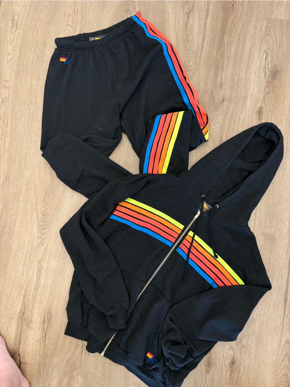 Aviator Nation Black Hoodie with Neon Rainbow Stripe Accents